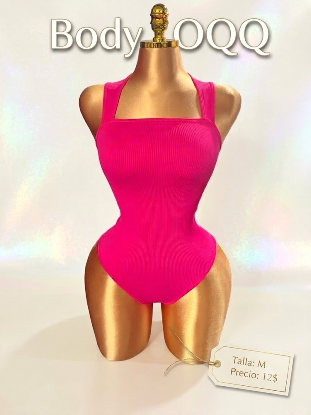 Ribbed Square-Neck Bodysuit in Hot Pink -